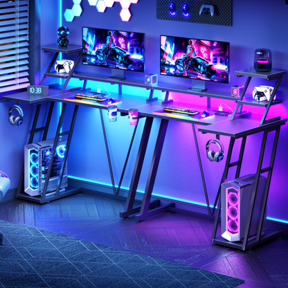 Korfile 40'' Gaming Desk with Power Outlet & LED, Carbon Fiber Black | Computer Gaming Table, Corner Desk, L Shaped, Reversible, Storage Shelves, Monitor Stand, for gaming, work