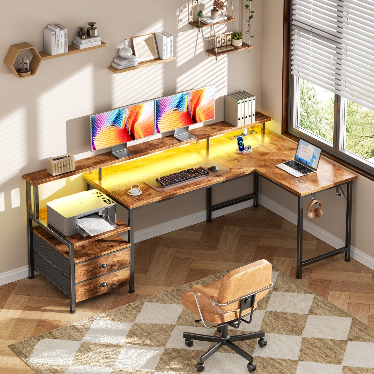 Korfile 57'' L Shaped Computer Desk with Storage Drawers, Power Outlet, LED | Office Desk with Host Stand, Reversible Corner Design for Gaming, Work, Home Office, Study Room, Bedroom