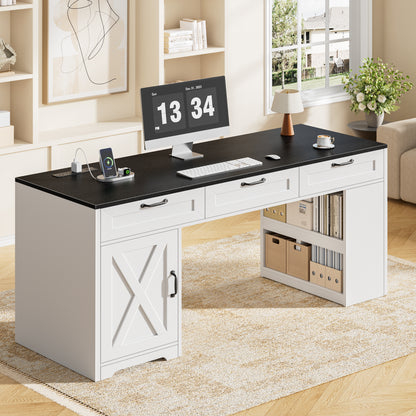 55'' Farmhouse Computer Desk with Drawers for Home Office, Walnut Black