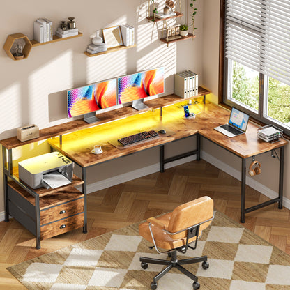 66" L Shaped Desk with Power Outlets and USB-C Port, Reversible Office Desk with drawers and Storage Shelves, Computer desk with Led Lights and Host stand for Home Office, Gaming, Work, Rustic Brown