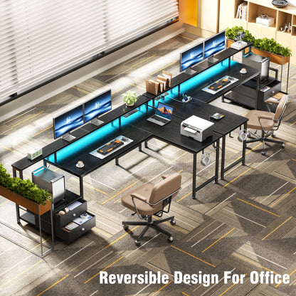 Korfile 66" L Shaped Gaming Desk with Drawers and Storage Shelves, Reversible Corner Desk with Power Outlets and Host Stand, Large Computer Desk with Led Lights for Gaming, Work, Home Office, Black