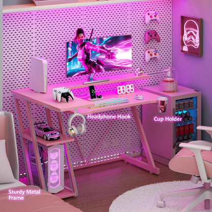 55 Inch Gaming Desk with Power Outlet & LED Lights, L Shaped Computer Gaming Table with 3 Tiers Storage Shelves, Corner Gamer Desk with Monitor Stand for Small Space, Pink