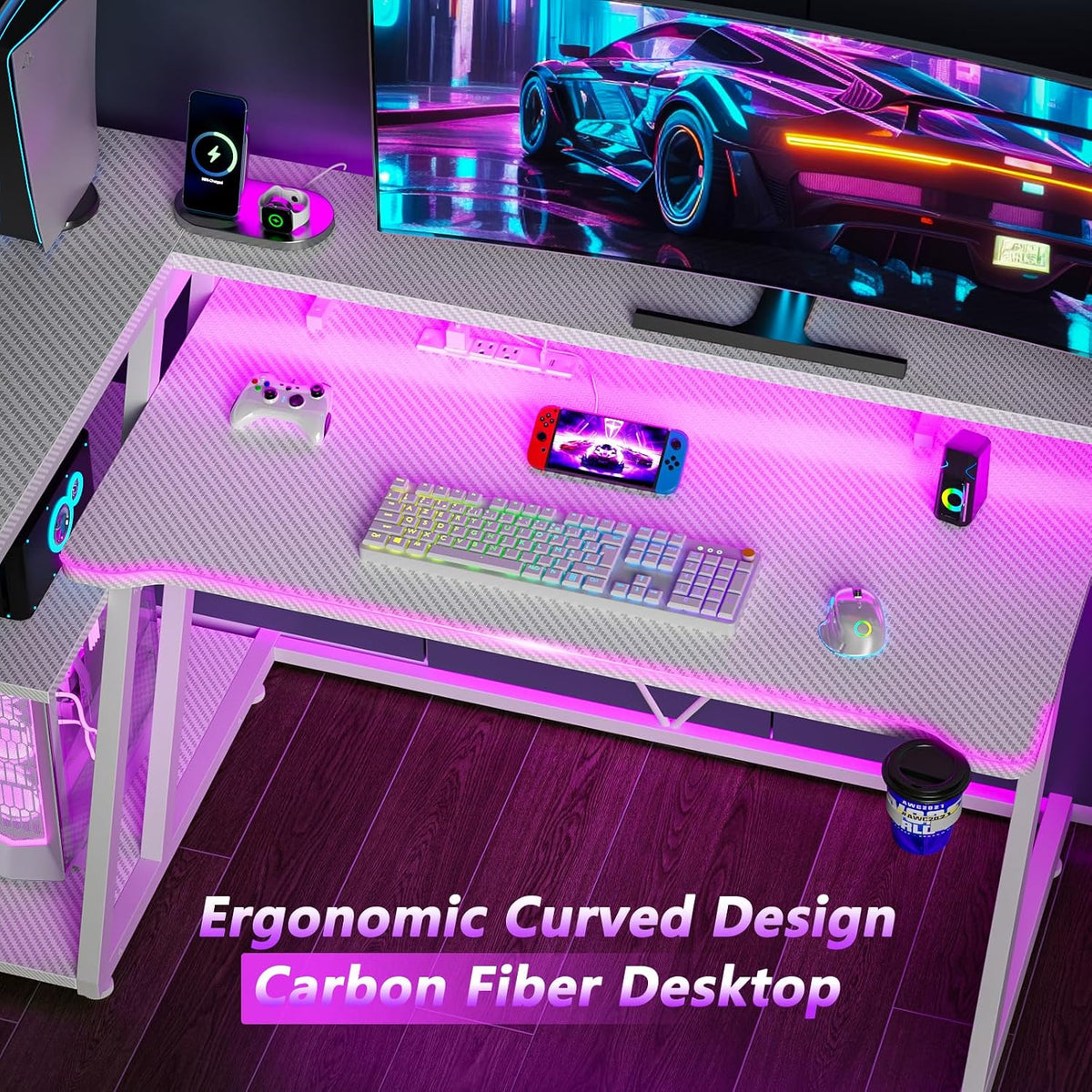 47 Inch Gaming Desk with Power Outlet & LED Lights, L Shaped Computer Gaming Table with 3 Tiers Storage Shelves, Corner Gamer Desk with Monitor Stand for Small Space, White