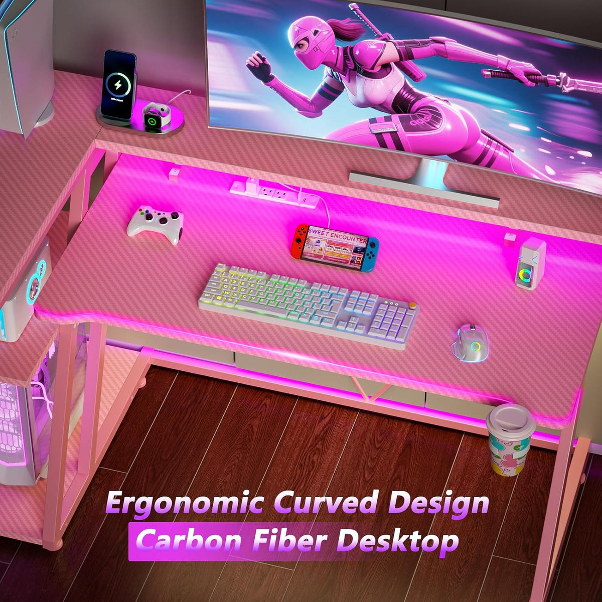 55 Inch Gaming Desk with Power Outlet & LED Lights, L Shaped Computer Gaming Table with 3 Tiers Storage Shelves, Corner Gamer Desk with Monitor Stand for Small Space, Pink