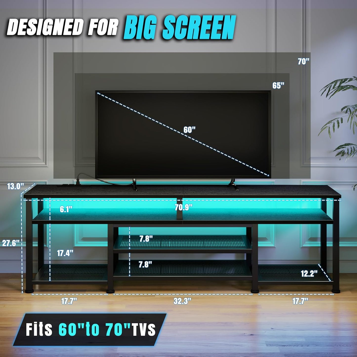 Korfile TV Stand for 65/75/80 inch TV, 71 in Entertainment Center with LED Lights and LED Lights, TV Console Table with Open Shelves for Living Room and Bedroom, Black