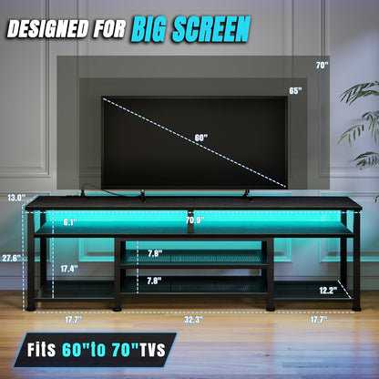 Korfile TV Stand for 65/75/80 inch TV, 71 in Entertainment Center with LED Lights and LED Lights, TV Console Table with Open Shelves for Living Room and Bedroom, Black
