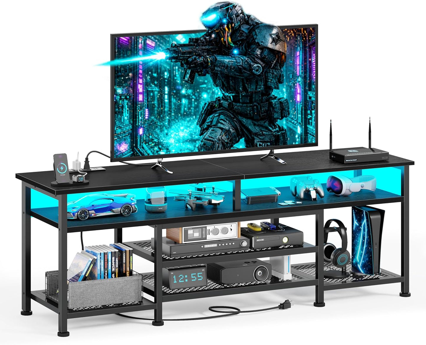 Korfile TV Stand for 60/65/70 inch TV, 63 in Entertainment Center with LED Lights and LED Lights, TV Console Table with Open Shelves for Living Room and Bedroom, Black