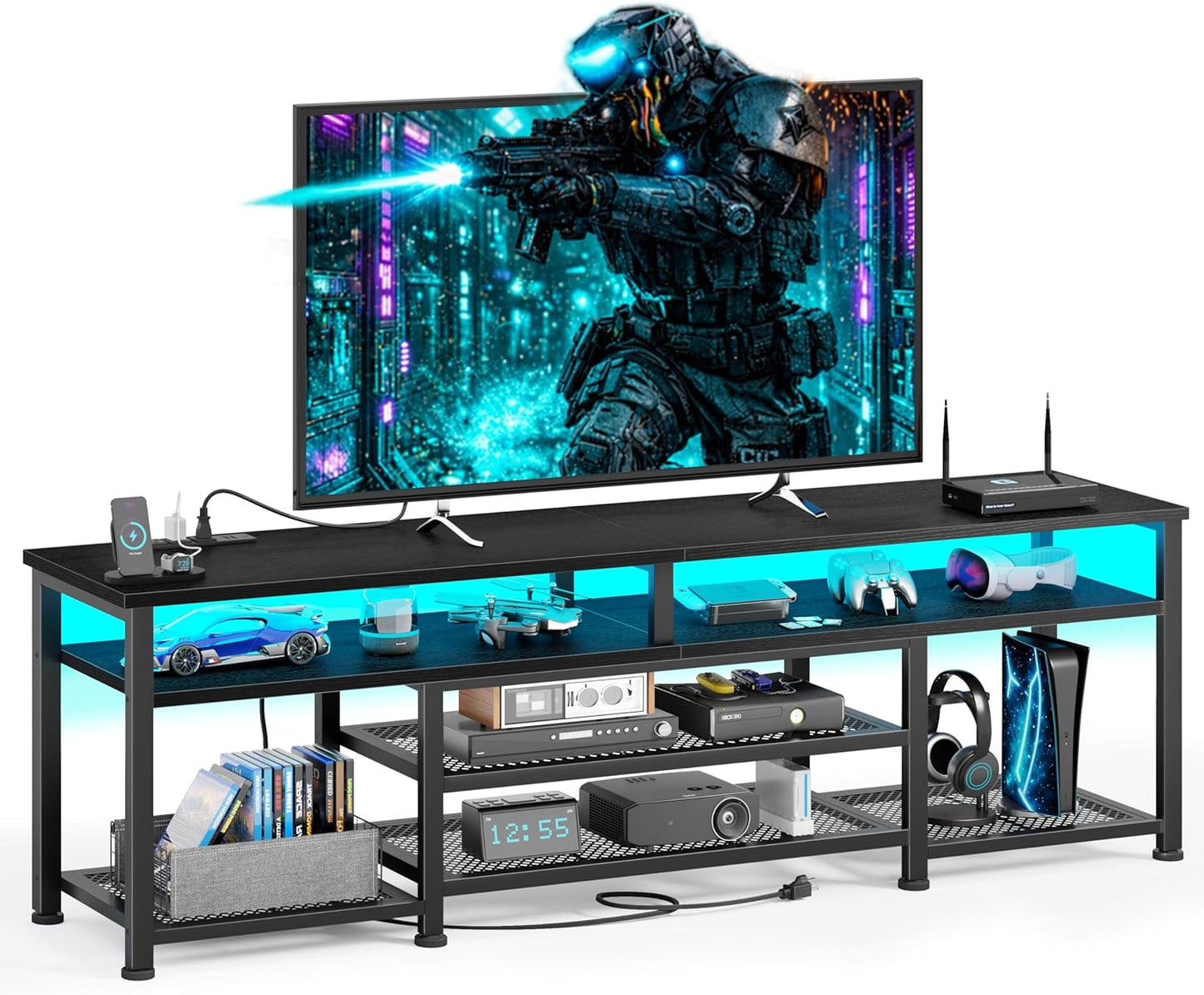 Korfile TV Stand for 65/75/80 inch TV, 71 in Entertainment Center with LED Lights and LED Lights, TV Console Table with Open Shelves for Living Room and Bedroom, Black
