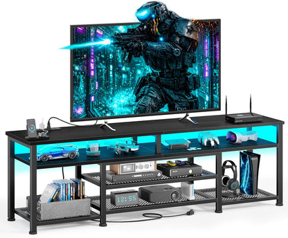 Korfile TV Stand for 65/75/80 inch TV, 71 in Entertainment Center with LED Lights and LED Lights, TV Console Table with Open Shelves for Living Room and Bedroom, Black