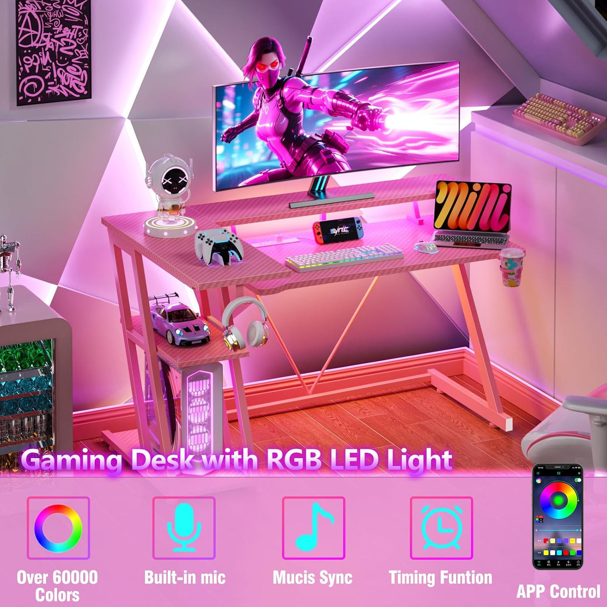 55 Inch Gaming Desk with Power Outlet & LED Lights, L Shaped Computer Gaming Table with 3 Tiers Storage Shelves, Corner Gamer Desk with Monitor Stand for Small Space, Pink