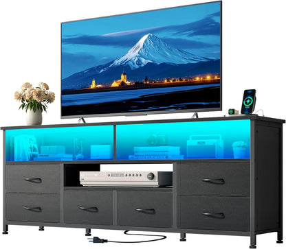 Korfile 55 Inch LED TV Stand for Bedroom, 6 Drawers Entertainment Center with Power Outlets for 50/55/60 Inch TV, Media Console Table with Shelves for Living Room & Hallway, PU Leather Surface, Black