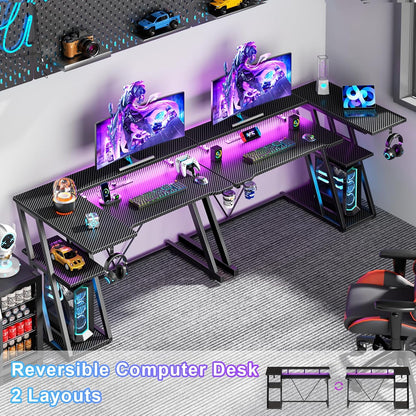 55 Inch Gaming Desk with Power Outlet & LED Lights, L Shaped Computer Gaming Table with 3 Tiers Storage Shelves, Corner Gamer Desk with Monitor Stand for Small Space, Carbon Fiber Black