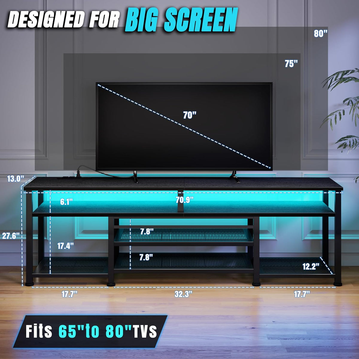 Korfile TV Stand for 70/75/80 inch TV, 71 in Entertainment Center with LED Lights and Power Outlets, TV Console Table with Open Shelves for Living Room and Bedroom, Black