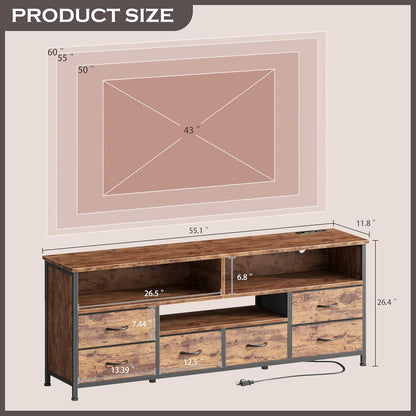 Korfile 63 Inch LED TV Stand for Bedroom, 6 Drawers Entertainment Center with Power Outlets for 60/65/70 Inch TV, Media Console Table with Shelves for Living Room & Hallway, PU Leather Surface, Brown