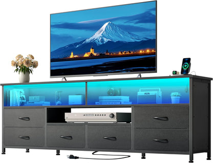 Korfile 63 Inch LED TV Stand for Bedroom, 6 Drawers Entertainment Center with Power Outlets for 60/65/70 Inch TV, Media Console Table with Shelves for Living Room & Hallway, PU Leather Surface, Black