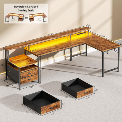 66'' L Shaped Desk with Power Outlets and USB-C Port, Reversible Office Desk with drawers and Storage Shelves, Computer desk with Led Lights and Host stand for Home Office, Gaming, Work, Rustic Brown