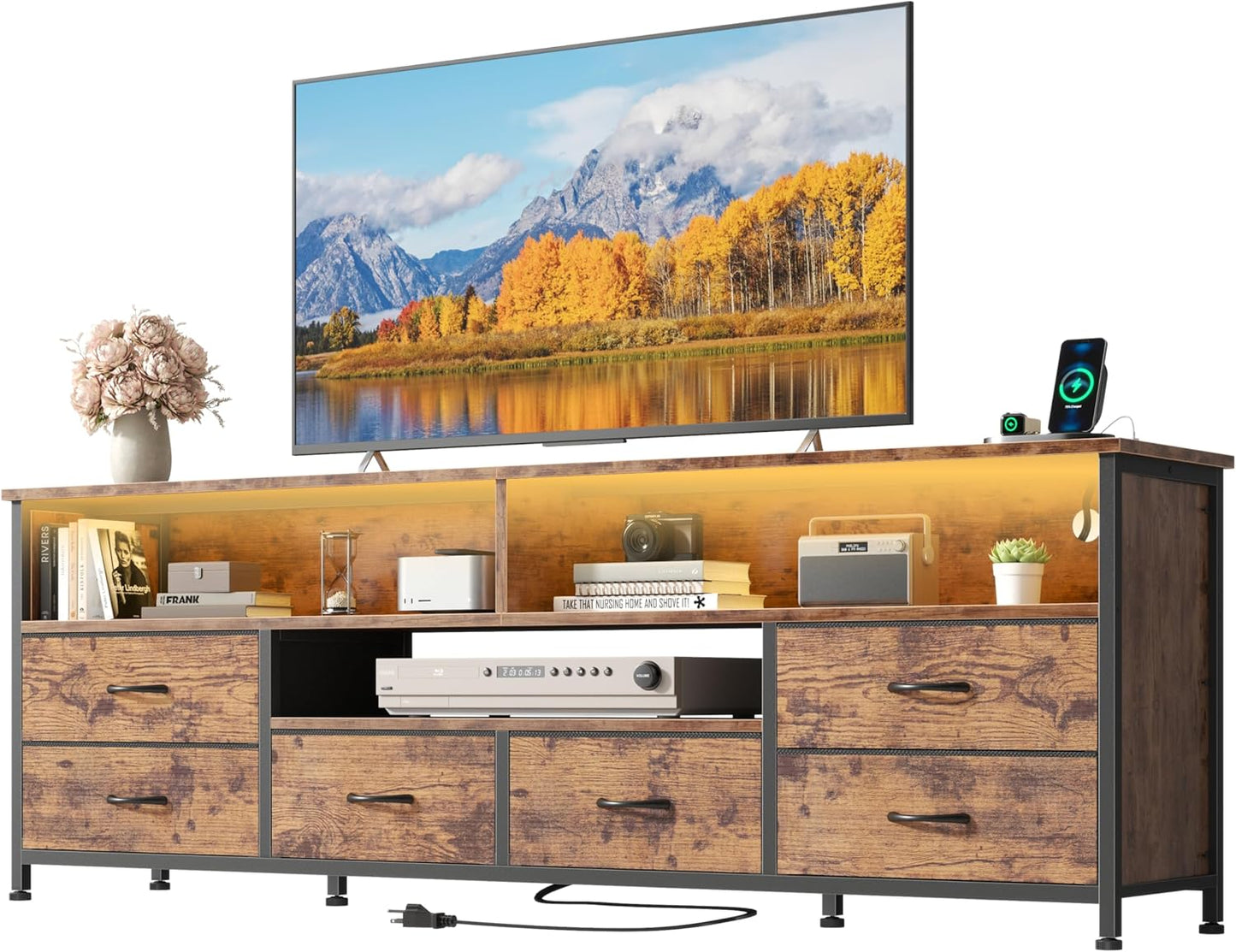 Korfile 63 Inch LED TV Stand for Bedroom, 6 Drawers Entertainment Center with Power Outlets for 60/65/70 Inch TV, Media Console Table with Shelves for Living Room & Hallway, PU Leather Surface, Brown
