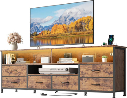 Korfile 63 Inch LED TV Stand for Bedroom, 6 Drawers Entertainment Center with Power Outlets for 60/65/70 Inch TV, Media Console Table with Shelves for Living Room & Hallway, PU Leather Surface, Brown