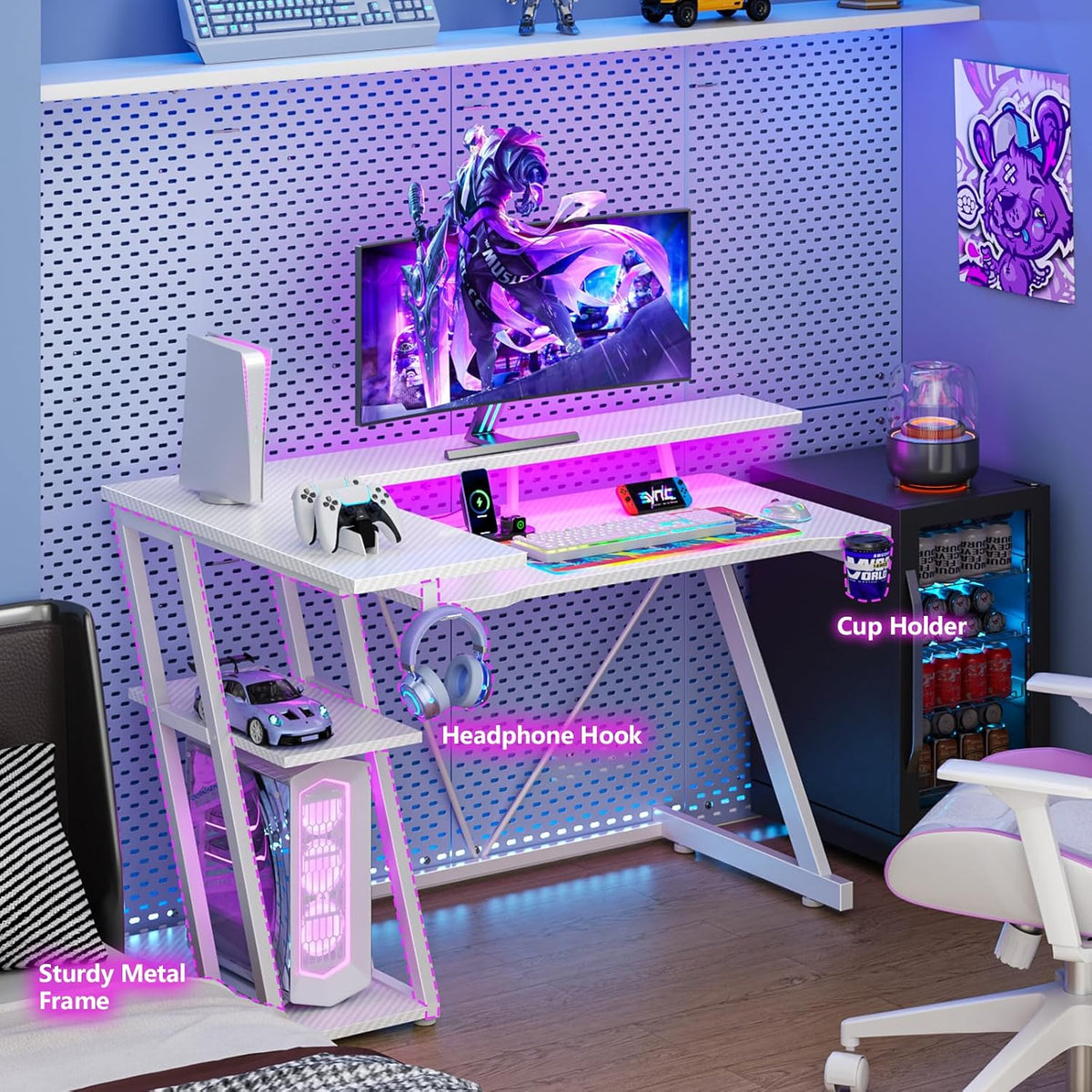 55 Inch Gaming Desk with Power Outlet & LED Lights, L Shaped Computer Gaming Table with 3 Tiers Storage Shelves, Corner Gamer Desk with Monitor Stand for Small Space, White