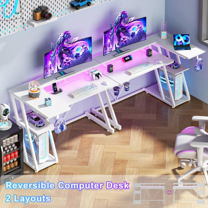 55 Inch Gaming Desk with Power Outlet & LED Lights, L Shaped Computer Gaming Table with 3 Tiers Storage Shelves, Corner Gamer Desk with Monitor Stand for Small Space, White