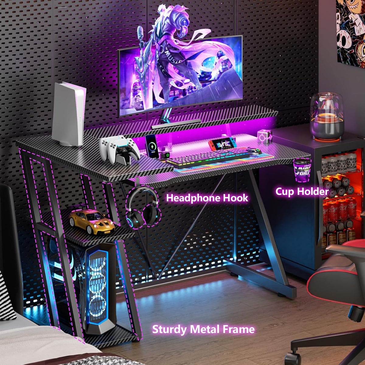 47 Inch Gaming Desk with Power Outlet & LED Lights, L Shaped Computer Gaming Table with 3 Tiers Storage Shelves, Corner Gamer Desk with Monitor Stand for Small Space, Carbon Fiber Black