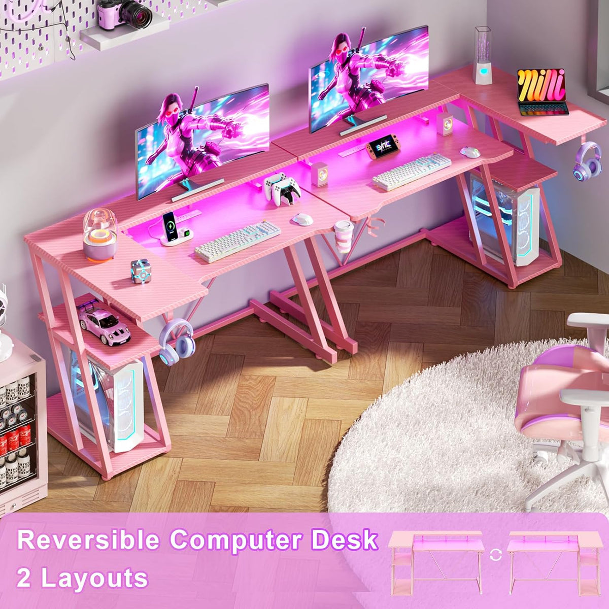 55 Inch Gaming Desk with Power Outlet & LED Lights, L Shaped Computer Gaming Table with 3 Tiers Storage Shelves, Corner Gamer Desk with Monitor Stand for Small Space, Pink