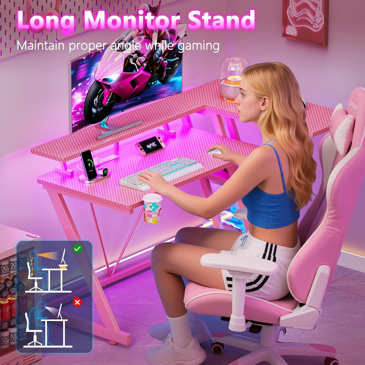 47 Inch Gaming Desk with Power Outlet & LED Lights, L Shaped Computer Gaming Table with 3 Tiers Storage Shelves, Corner Gamer Desk with Monitor Stand for Small Space, Pink
