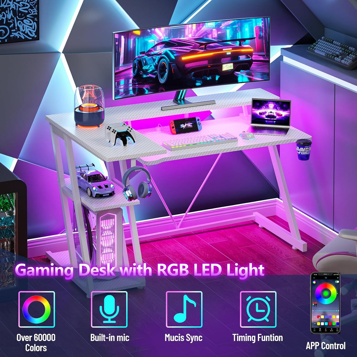 40 Inch Gaming Desk with Power Outlet & LED Lights, L Shaped Computer Gaming Table with 3 Tiers Storage Shelves, Corner Gamer Desk with Monitor Stand for Small Space, White