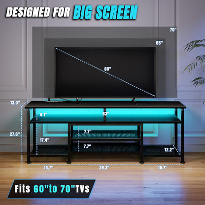 Korfile TV Stand for 60/65/70 inch TV, 63 in Entertainment Center with LED Lights and LED Lights, TV Console Table with Open Shelves for Living Room and Bedroom, Black