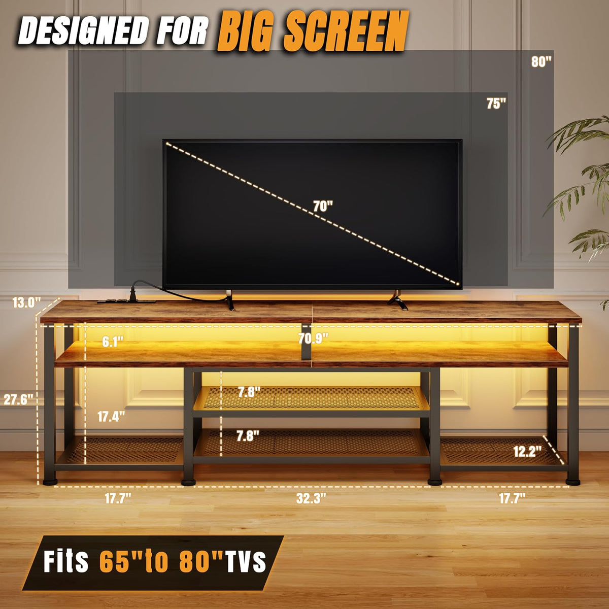Korfile TV Stand for 70/75/80 inch TV, 71 in Entertainment Center with LED Lights and Power Outlets, TV Console Table with Open Shelves for Living Room and Bedroom, Rustic Brown