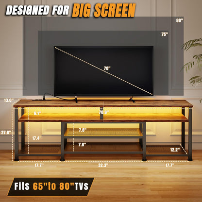 Korfile TV Stand for 70/75/80 inch TV, 71 in Entertainment Center with LED Lights and Power Outlets, TV Console Table with Open Shelves for Living Room and Bedroom, Rustic Brown