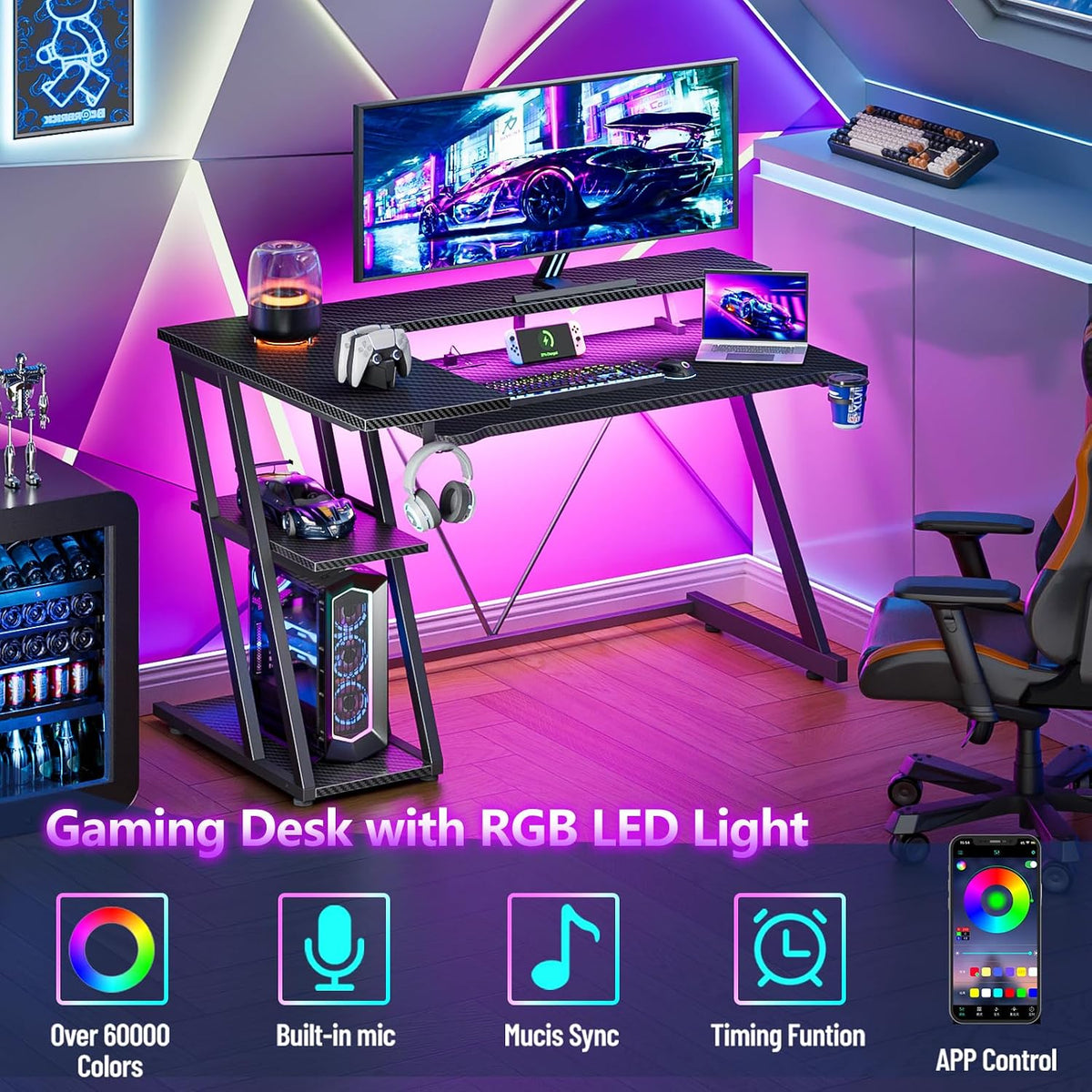 55 Inch Gaming Desk with Power Outlet & LED Lights, L Shaped Computer Gaming Table with 3 Tiers Storage Shelves, Corner Gamer Desk with Monitor Stand for Small Space, Carbon Fiber Black