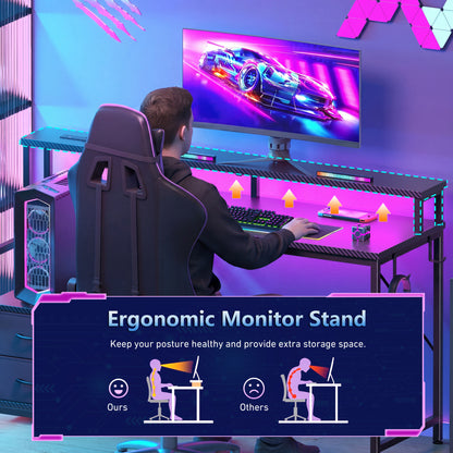 Korfile 55 inch Gaming Desk with Power Outlets & Storage Shelves, Reversible Computer Gaming Desk with Fabric Drawers and Monitor Stand, Corner Gaming Table for Home Office, Work, Writing, Gaming