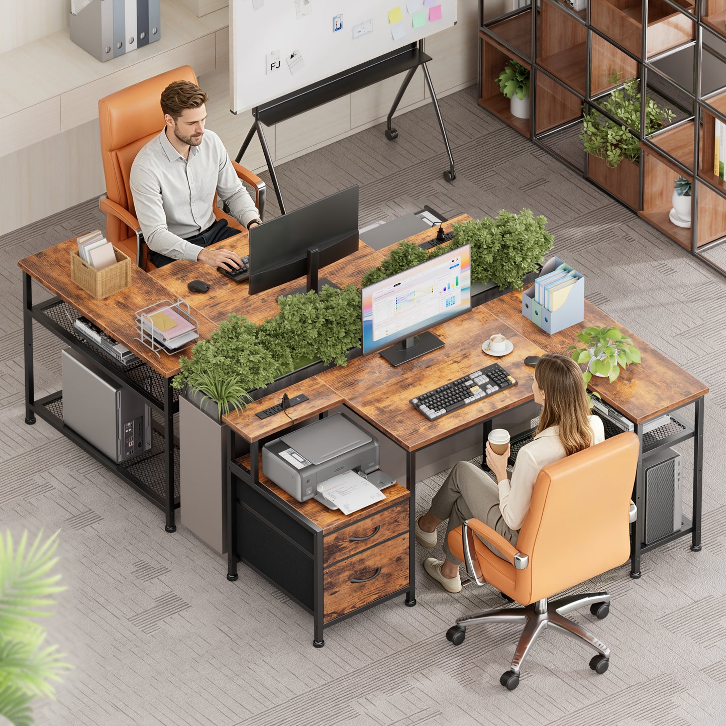 Korfile 49 Inch L Shaped Gaming Desk with Power Outlets, Reversible Computer Desk with 2 Fabric Drawers & Printer Stand, Office Desk with Mesh Shelves, Rustic Brown