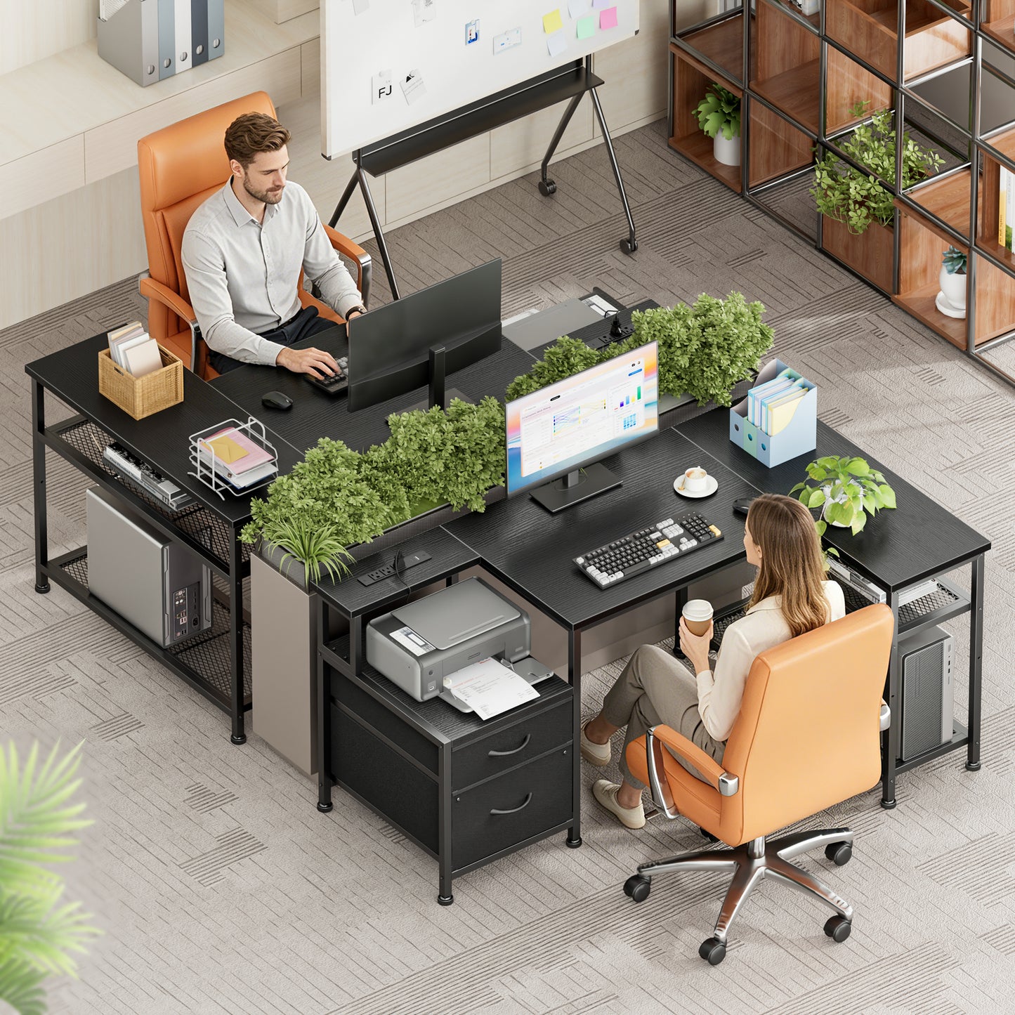 Korfile 49 Inch L Shaped Gaming Desk with Power Outlets, Reversible Computer Desk with 2 Fabric Drawers & Printer Stand, Office Desk with Mesh Shelves, Black