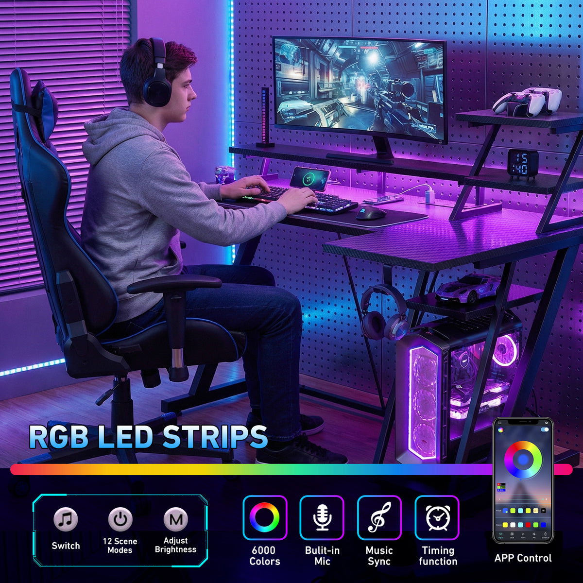 Korfile 40 Inch Gaming Desk with LED & Power Outlet, Carbon Fiber Black
 |
 L Shaped Computer Gaming Table, Reversible Corner Desk, Storage Shelves, Monitor Stand, for Home Office & Gaming Room
