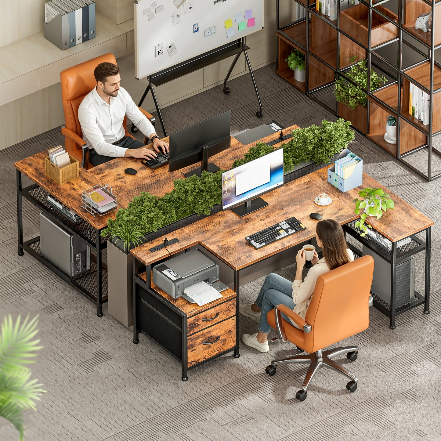 Korfile 57 Inch L Shaped Gaming Desk with Power Outlets, Reversible Computer Desk with 2 Fabric Drawers & Printer Stand, Office Desk with Mesh Shelves, Rustic Brown