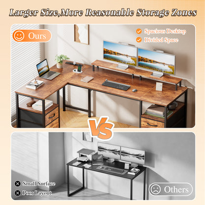 Korfile 57" Computer L Shaped Desk w/File Drawer, Rustic Brown | Home Office Desk w/ 4 Drawers, LED Lights, Reversible, Monitor Stand, Gaming Table for Corner Space, Ideal for Study, Writing