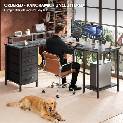 Korfile 59 inch L Shaped Computer Desk with Power Outlets, Home Office Desk with 4 Adjustable Storage Drawers & 2 Monitor Stands, Two Person Gaming Table for Bedroom, Grey