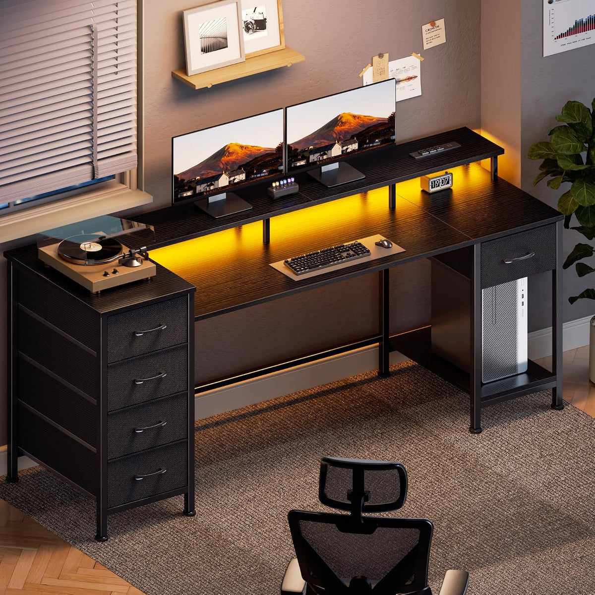 Korfile 61 Inch Gaming Computer Desk with Power Outlets,LED,5 Drawers,Black