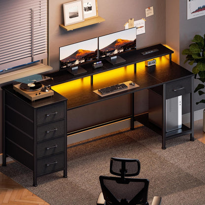 Korfile 61 Inch Gaming Computer Desk with Power Outlets,LED,5 Drawers,Black