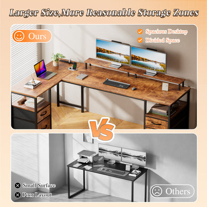 Korfile 65" L Shaped Computer Desk with File Drawer, Rustic Brown | Home Office Desk w/ 4 Drawers, LED Lights, Reversible, Monitor Stand, Gaming Table for Corner Space, Ideal for Study, Writing