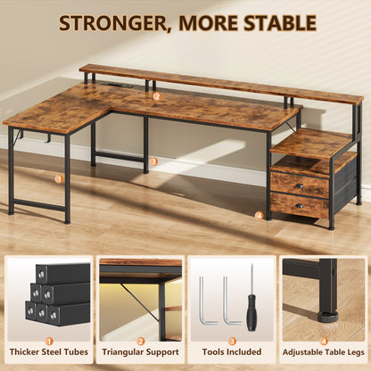 66" L Shaped Desk with Power Outlets and USB-C Port, Reversible Office Desk with drawers and Storage Shelves, Computer desk with Led Lights and Host stand for Home Office, Gaming, Work, Rustic Brown