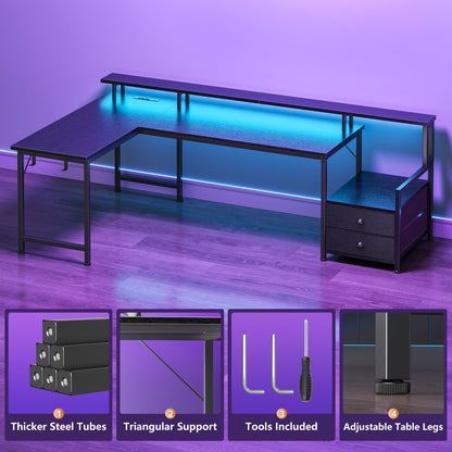Korfile 66" L Shaped Gaming Desk with Drawers and Storage Shelves, Reversible Corner Desk with Power Outlets and Host Stand, Large Computer Desk with Led Lights for Gaming, Work, Home Office, Black