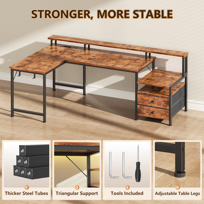 Korfile 57'' L Shaped Computer Desk with Storage Drawers, Power Outlet, LED | Office Desk with Host Stand, Reversible Corner Design for Gaming, Work, Home Office, Study Room, Bedroom
