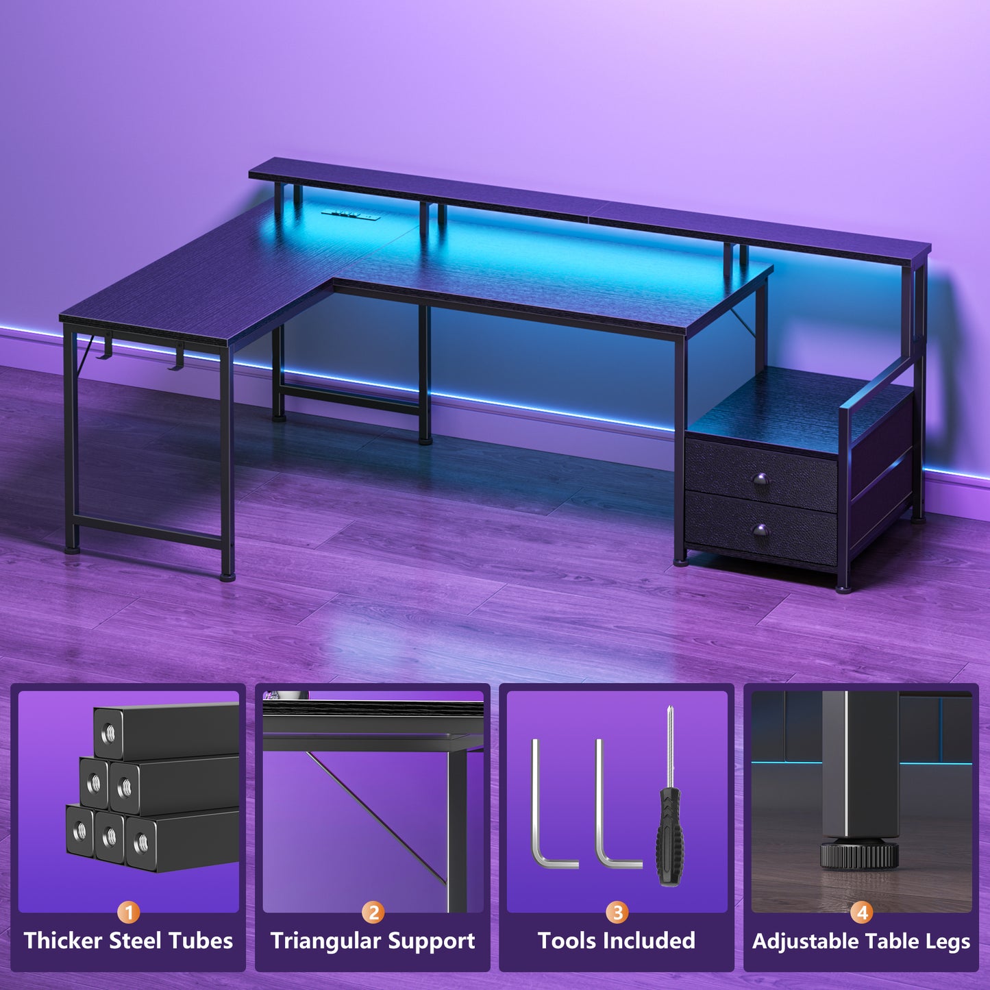 Korfile 57'' L Shaped Gaming Desk with Storage Drawers, Power Outlets, LED | Black Computer Desk with Host Stand, Reversible Corner Design for Gaming, Work, Home Office, Study Room, Bedroom