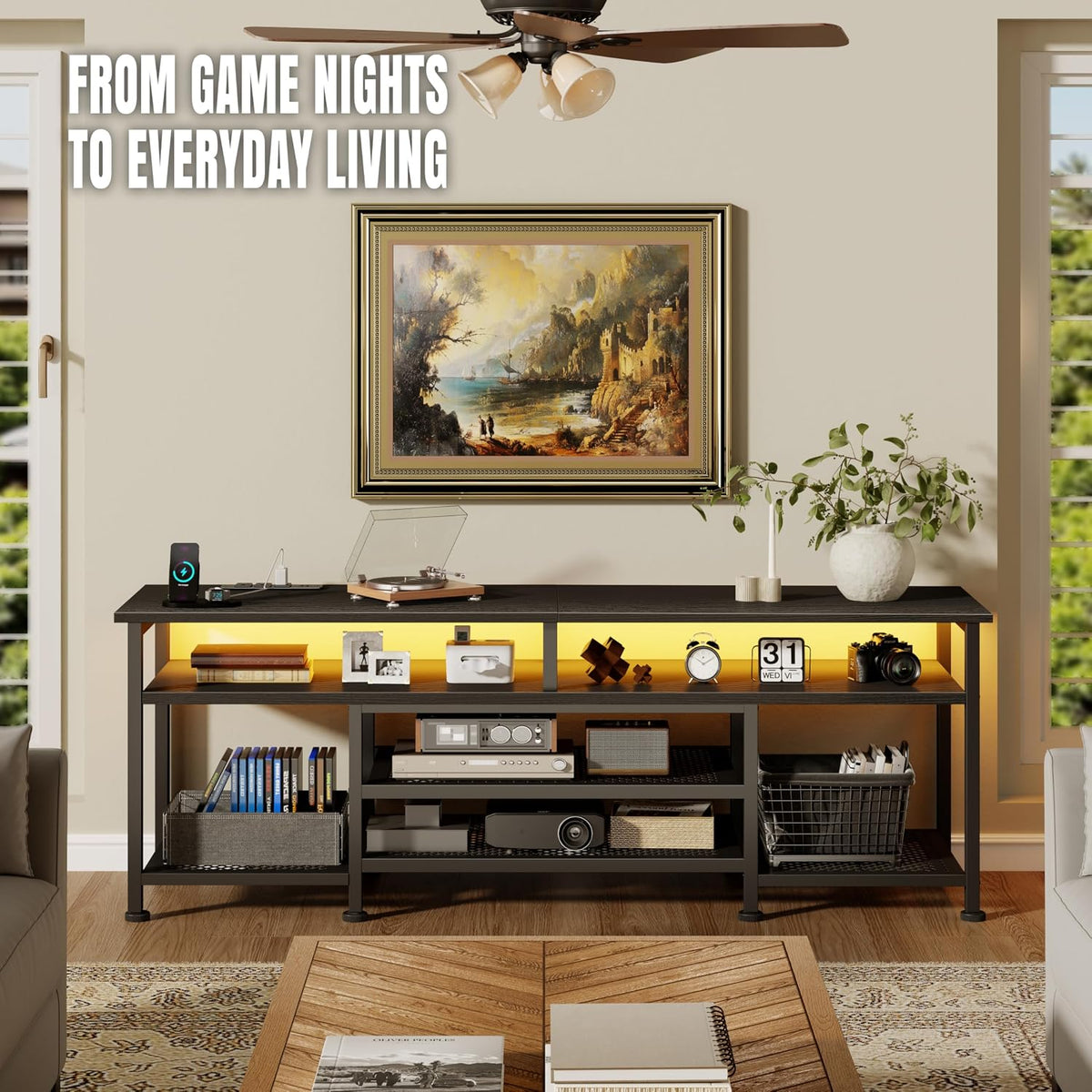Korfile TV Stand for 70/75/80 inch TV, 71 in Entertainment Center with LED Lights and Power Outlets, TV Console Table with Open Shelves for Living Room and Bedroom, Black