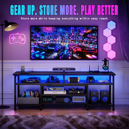 Korfile TV Stand for 70/75/80 inch TV, 71 in Entertainment Center with LED Lights and Power Outlets, TV Console Table with Open Shelves for Living Room and Bedroom, Black