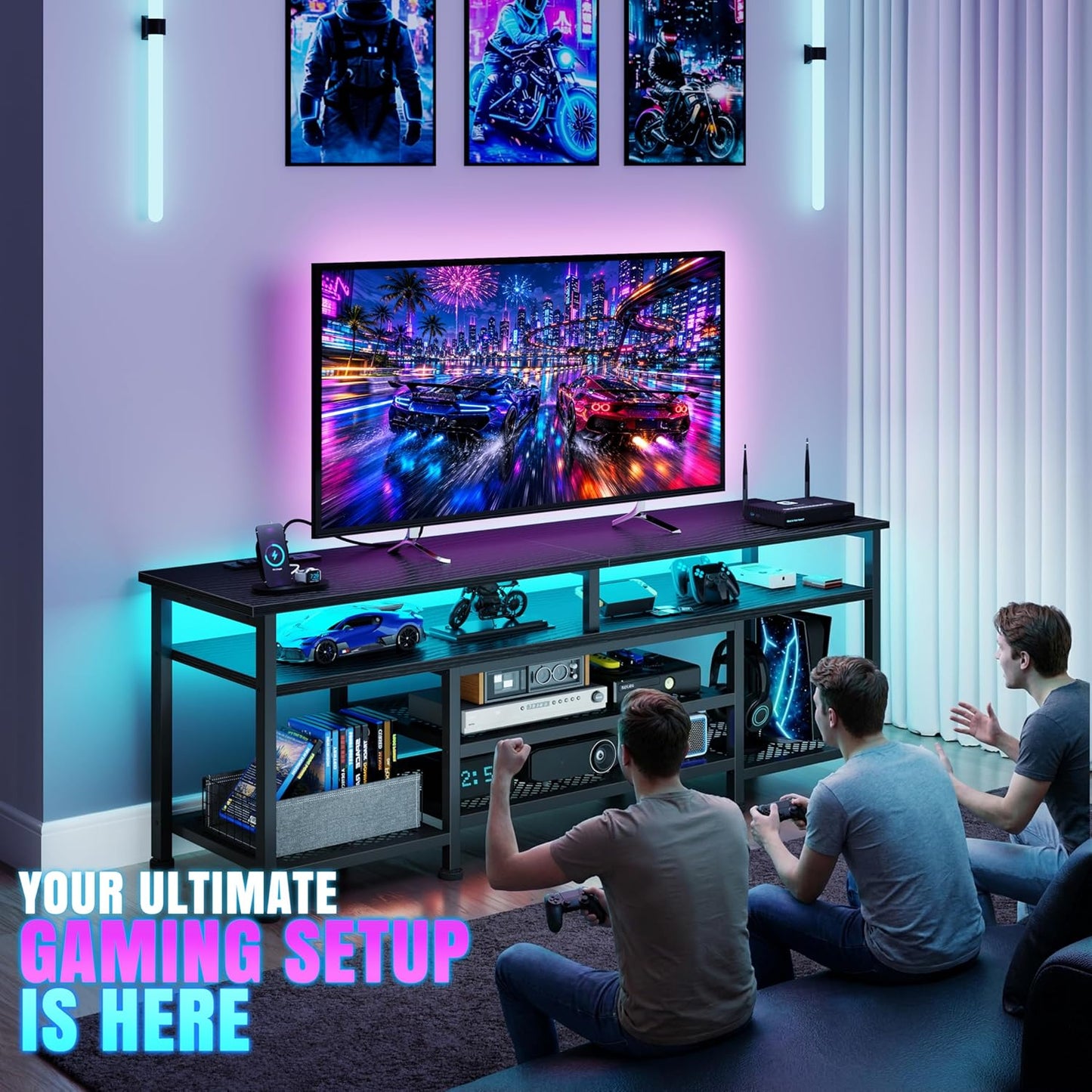 Korfile TV Stand for 60/65/70 inch TV, 63 in Entertainment Center with LED Lights and LED Lights, TV Console Table with Open Shelves for Living Room and Bedroom, Black