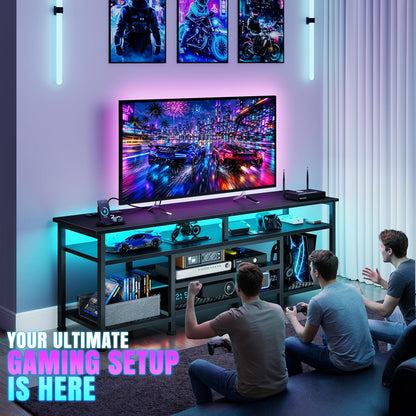 Korfile TV Stand for 60/65/70 inch TV, 63 in Entertainment Center with LED Lights and LED Lights, TV Console Table with Open Shelves for Living Room and Bedroom, Black